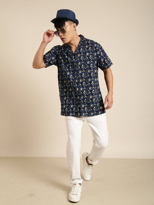 Navy Blue Printed Short Sleeves Shirt